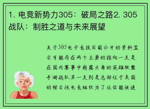 1. 电竞新势力305：破局之路2. 305战队：制胜之道与未来展望