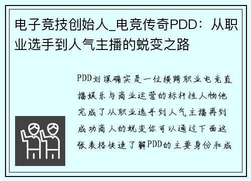 电子竞技创始人_电竞传奇PDD：从职业选手到人气主播的蜕变之路